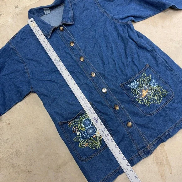 Denim Jazz Embroidered Floral Jean Jacket Shirt Button Front Women's‎ L VTG - Picture 6 of 10